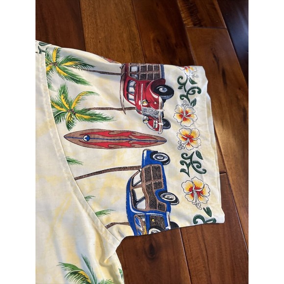 Men’s Hawaiian Shirt Caribbean Surfboards Cars Floral Flowers L / XL Button Up - Picture 7 of 13